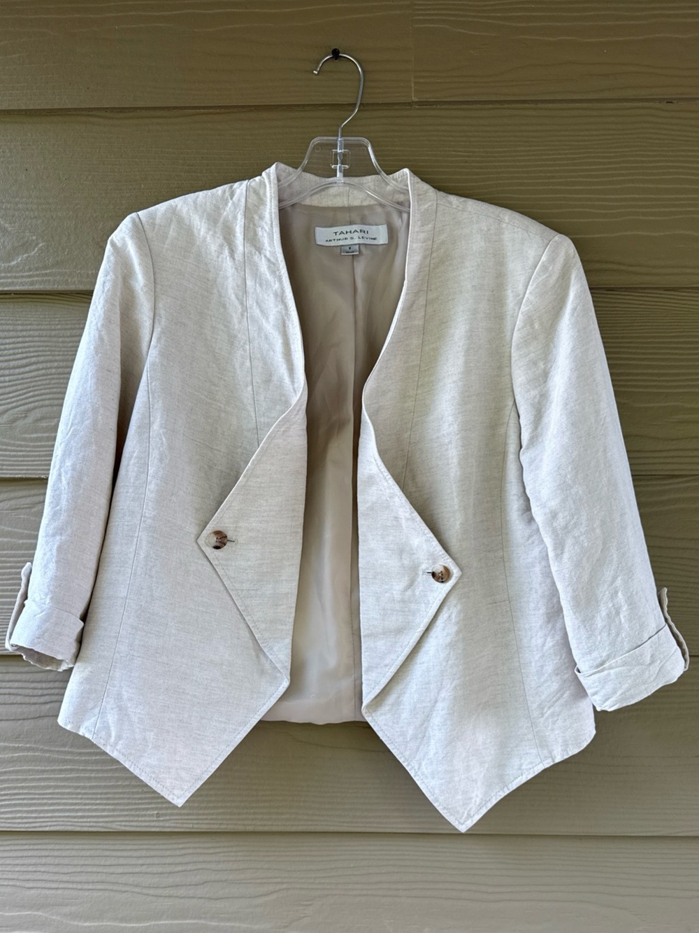 Tahari Women's Linen Blend Natural Office Preppy Open Front Blazer Jacket Size 8